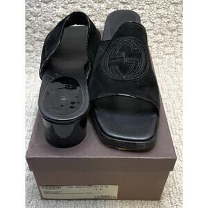 Gucci Black Suede Slides Mules Stitched G Logo Womens 9 BOX EUC Sandals